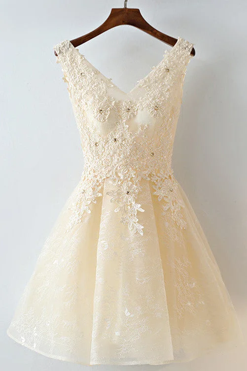 Synthetic dresses for budget-friendly optionsCute A-Line Lace Appliques Short Lace Up Back Homecoming Dresses OKC100