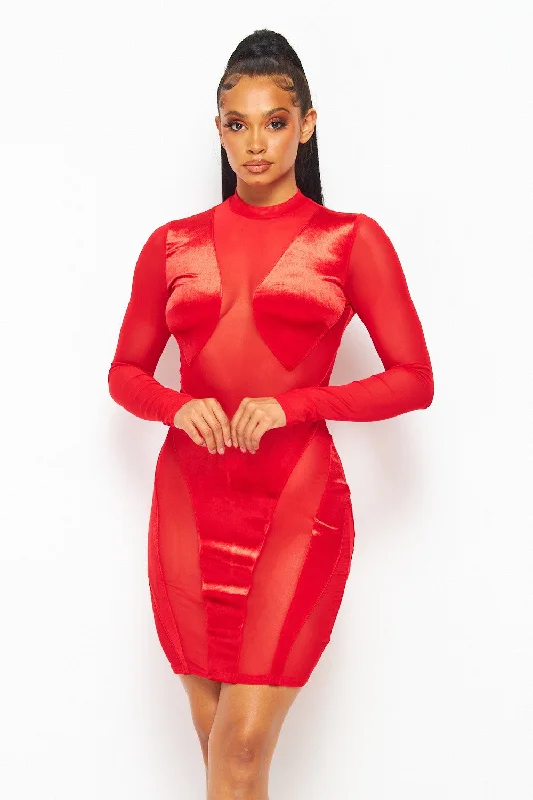 Bridesmaid dresses for womenChelsea Mesh and Velvet Long Sleeve Mini Dress