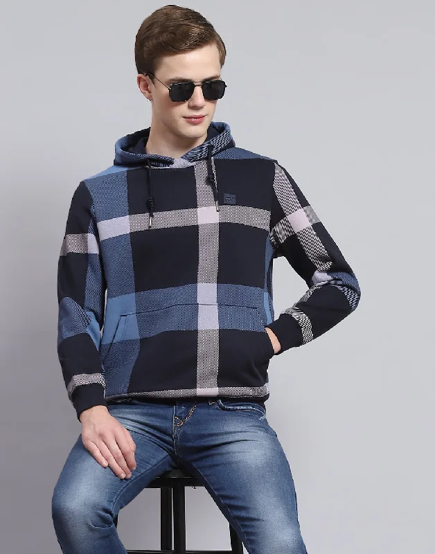 men's sports shirts for inline skatingMen Navy Blue Check Hooded Full Sleeve Sweatshirt