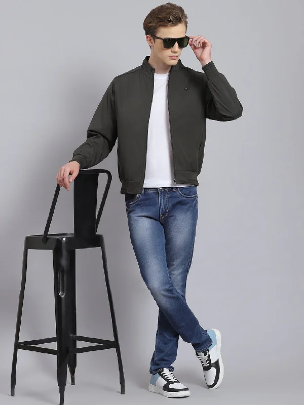 men's slim-fit tailored jacketsMen Olive Solid Stand Collar Full Sleeve Jacket
