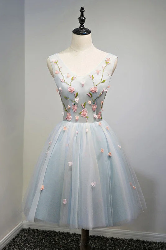 Velvet dresses for winterA-Line Light Blue Floral Short V Neck Tulle Homecoming Dresses OKD3