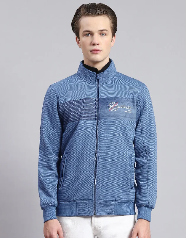 men's sports shirts with sublimated printsMen Blue Solid Stand Collar Full Sleeve Sweatshirt