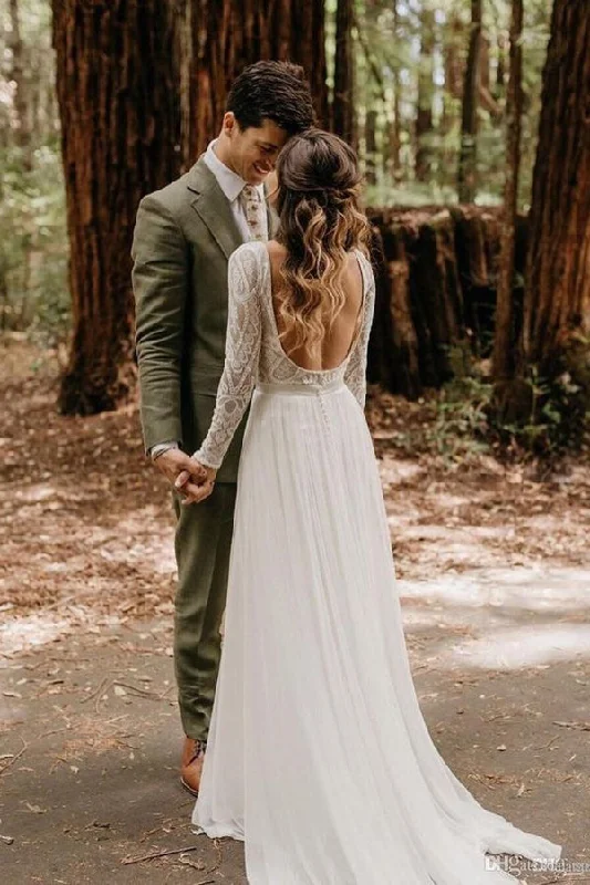 Beach dresses for casual outingsRoycebridal Elegant Scoop Long Sleeve Chiffon Wedding Dresses with Lace Backless Ivory Bridal Dresses,MW482