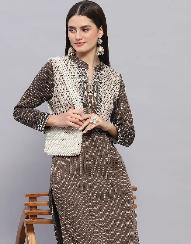 Warm women's trousers for winterWomen Brown Self Design Mandarin Collar Full Sleeve Kurtis + Lower Set