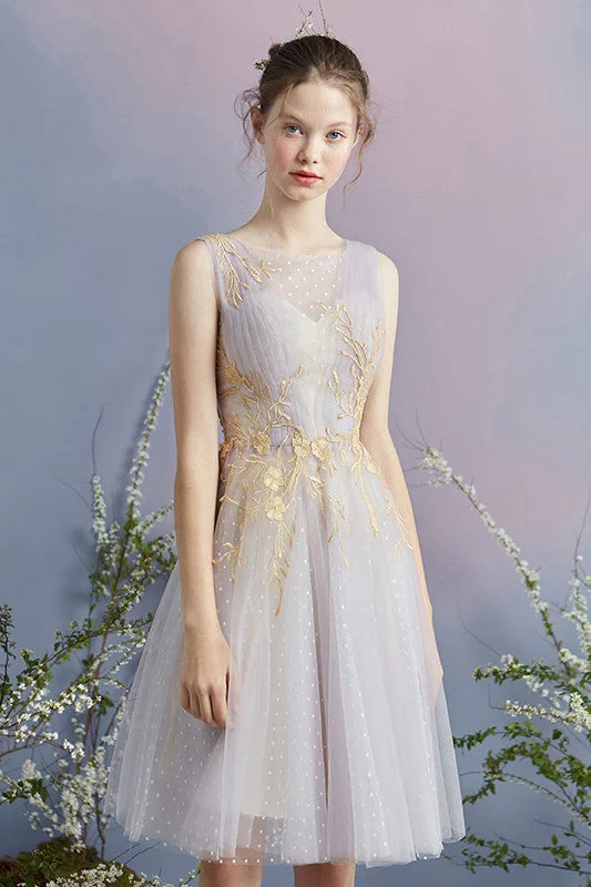Autumn dresses for fall fashionElegant A-Line Tulle Short Homecoming Dresses With Gold Appliques OKC53