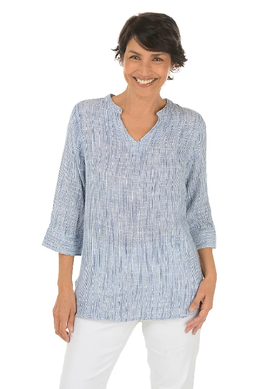 Petite women's topsStriped Cotton 3/4 Sleeve Blouse