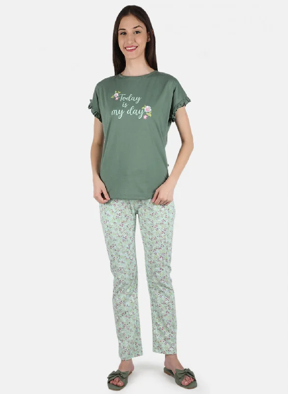 Women's casual bottomsWomen Green Printed Lower Set