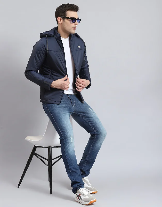 men's denim jackets with graphic printsMen Navy Blue Solid Hooded Full Sleeve Jacket
