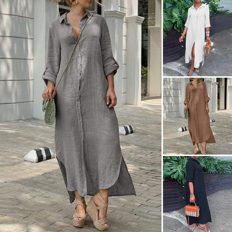 Tight-fitting dresses for womenikearlax Independent Station  Wish HOTan and NEWn Cotton and Linen Dress  New Blouse Collar Cotton and Linen Button Dress