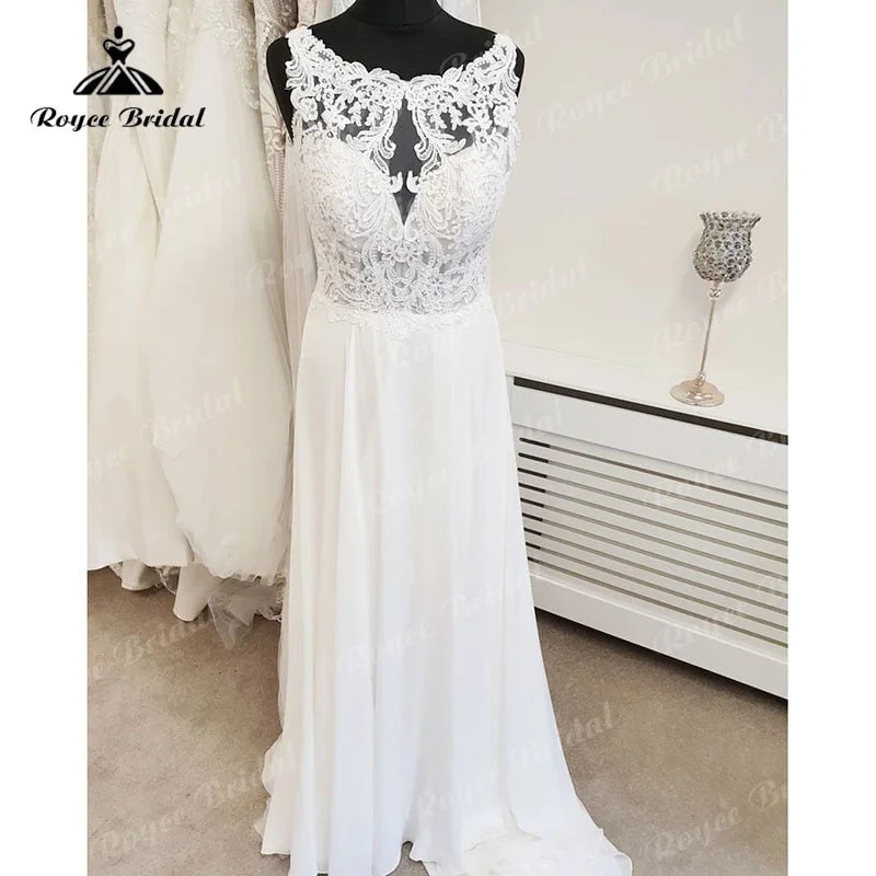 Vintage-inspired dresses for retro fashion loversRoycebridal A Line Scoop Neck Lace Wedding Dress Beach Appliques Chiffon Boho 2025 Backlesss Sexy Bridal Wedding Dresses Summer Elegant