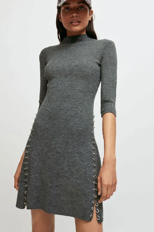Strapless dresses for womenUnique Ring High Neck Winter Cashmere Sweater Mini Dress - Gray