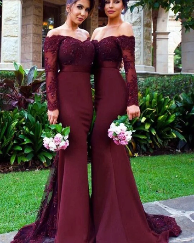 Winter dresses for cold weatherVintage Women Burgundy Bridesmaid Dress with Long Sleeves for Wedding Party PL6630