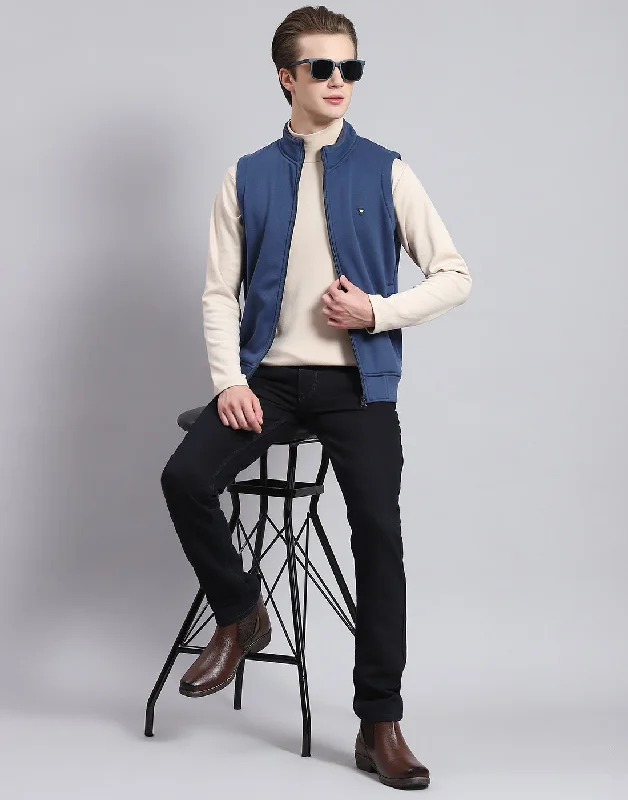 men's sports shirts for individual sportsMen Blue Solid Stand Collar Sleeveless Sweatshirt