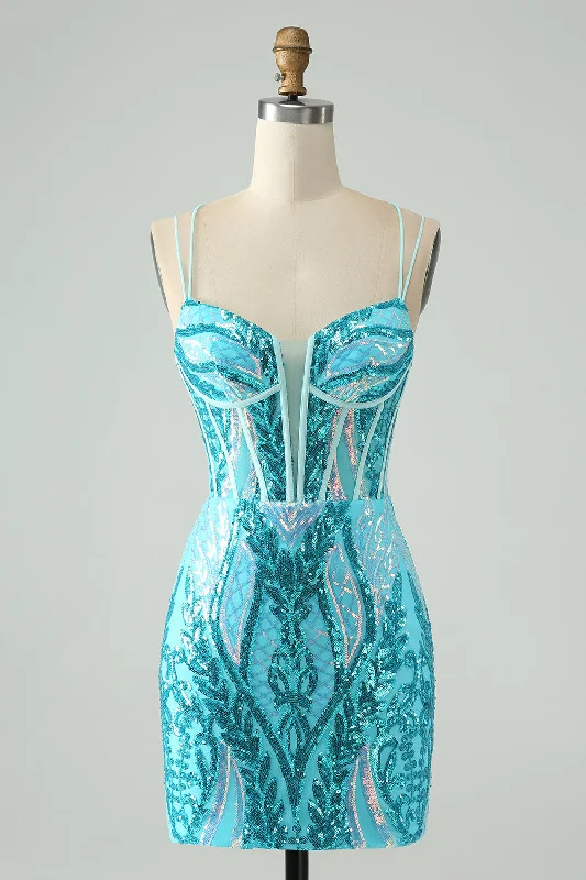 V-neck dresses for womenGorgeous Blue Bodycon Spaghetti Straps Corset Homecoming Dress with Sequins