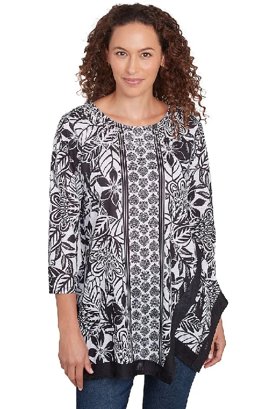 Shawl collar women's topsMonochrome Moment Asymmetrical Handkerchief Hem Top