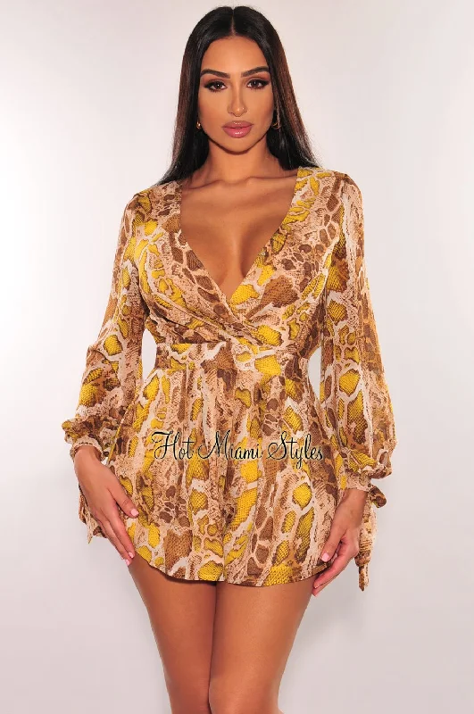 Silk women's skirtsBrown Yellow Snake Print Cut Out Long Sleeve Romper