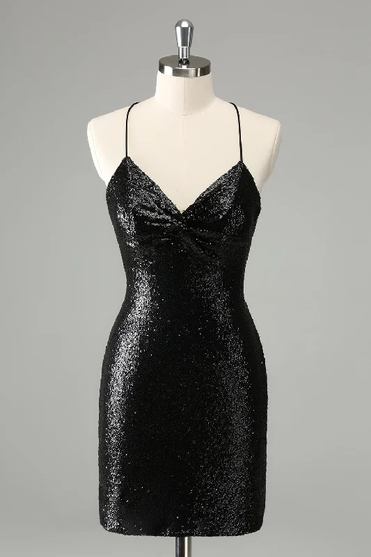 Limited edition dresses for collectorsBlack Bodycon Spaghetti Straps Sequins Short Homecoming Dress with Lace-up Back