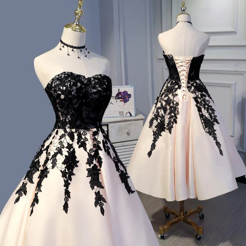 Smock dresses for womenLP3373 Tea Length Champagne and Black Lace Wedding Party Gown Formal Prom Dress Short 2022
