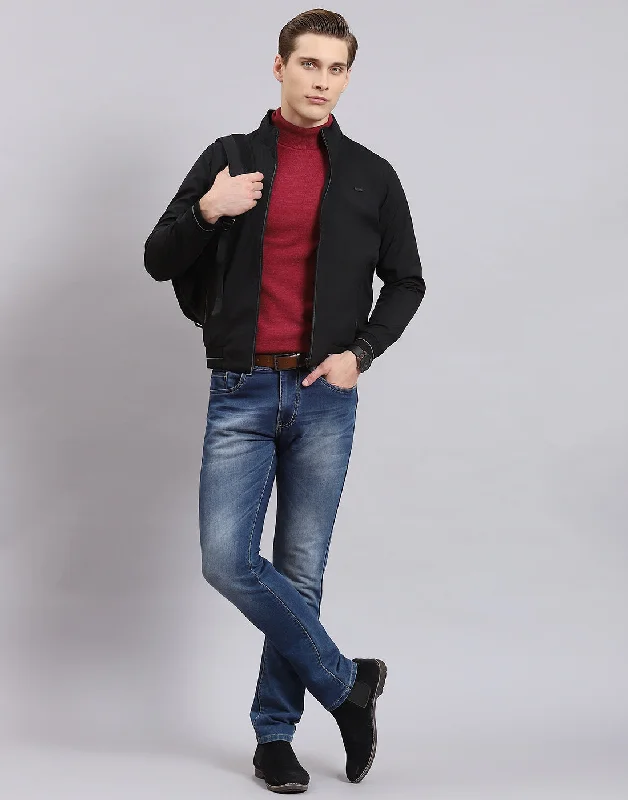 men's trench coats for a timeless eleganceMen Black Printed Stand Collar Full Sleeve Jacket