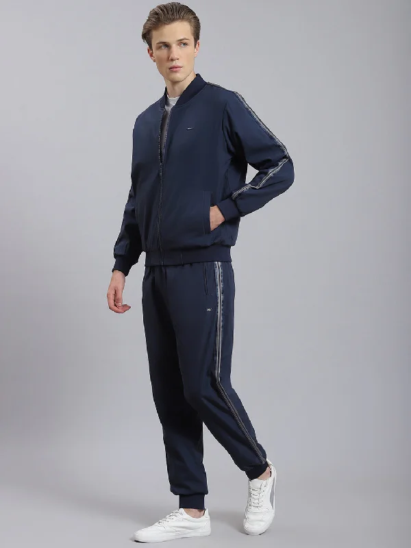 men's sports shirts with sponsors' logosMen Navy Blue Solid Mandarin Collar Full Sleeve Tracksuit