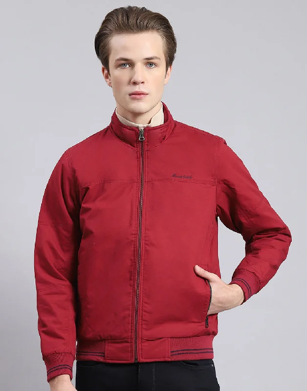 men's peacoats with double-breasted buttonsMen Maroon Solid Stand Collar Full Sleeve Jacket