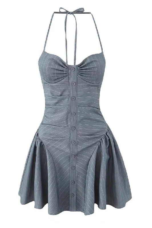 Low-cut dresses for womenSexy Pinstripe Print Halter Ruched Bustier Button Drop Waist Party Mini Dress
