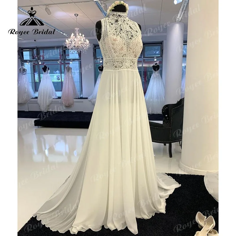 Sweetheart neckline dresses for womenRoycebridal Sleeveless A Line Boho Wedding Dress Beach High Neck Lace Bodice Open Back Sweep 2025 Civil Bridal Gown Chiffon vestido de novia