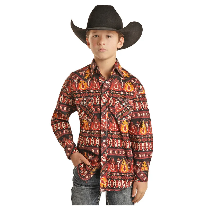 Crew neck women's topsB8S7090 Rock & Roll Denim Boys Dale Brisby Aztec Print Long Sleeve Western Snap Shirt