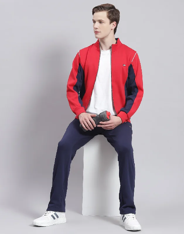 men's rash guards for swimmingMen Red Solid Stand Collar Full Sleeve Tracksuit