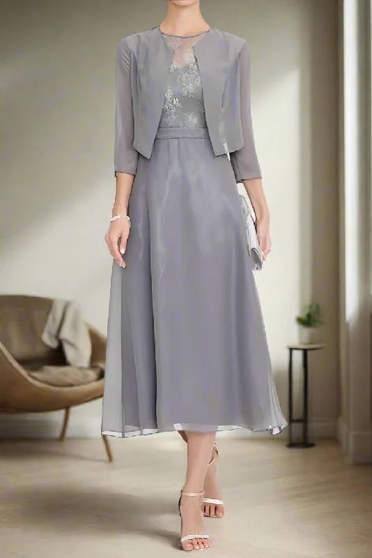 Smock dresses for womenIllusion Neck Tea Length A-Line Mother of the Bride Dress