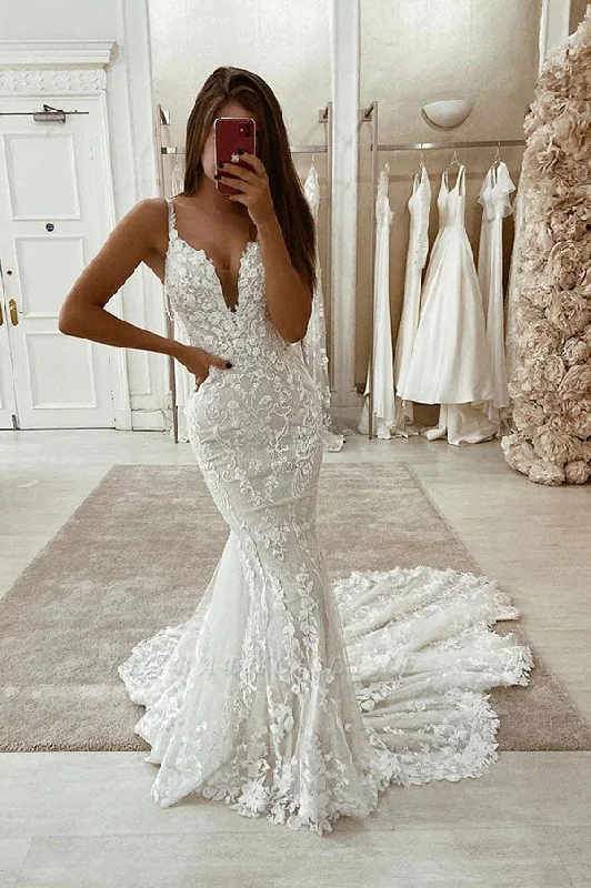 Low-cut dresses for womenRoycebridal Gorgeous Mermaid V-neck Spaghetti Straps Lace Appliqued Wedding Dress, MW723