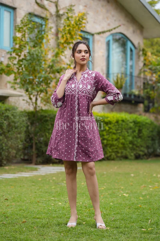 High-neck dresses for womenBeautiful Cotton Dresses for Ladies in Indigo with White Embroidery and Flared Design