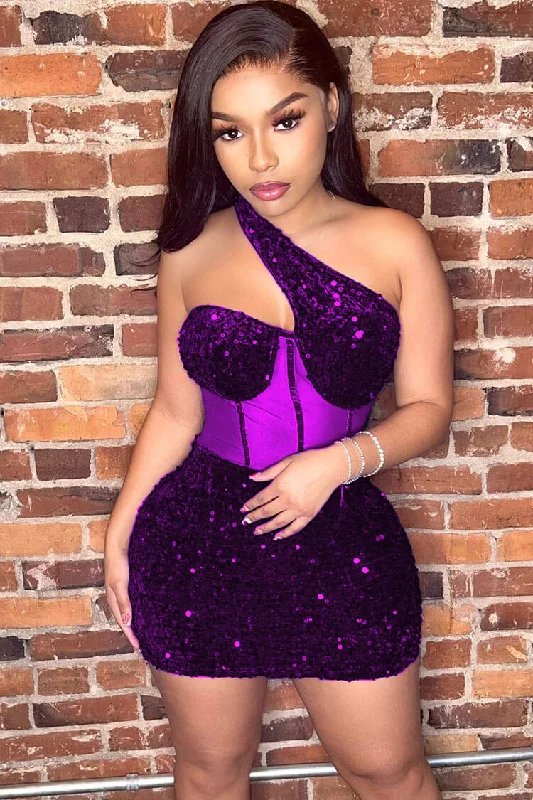 Backless dresses for womenSparkly One Shoulder Mesh Velvet Sequin Bodycon Party Mini Dress - Purple