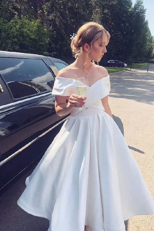 Transitional dresses for in-between seasonsRoycebridal Ivory Satin Off Shoulder A-line Ankle-length Wedding Dress, Bridal Gown, MW627