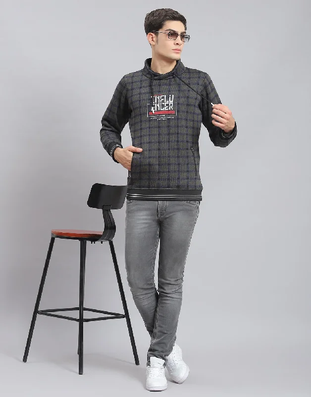 men's sports shirts for all-season wearMen Navy Blue Check F Neck Full Sleeve Sweatshirt