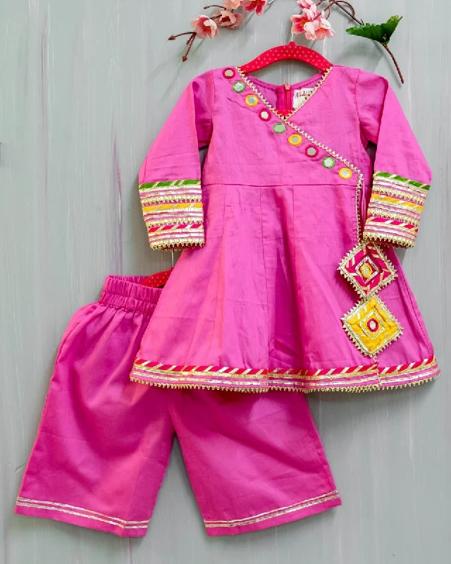 Patterned dresses for womenPre-Order: Pink Cotton Hand Embroidered Mirror work Angarkha and Palazzo