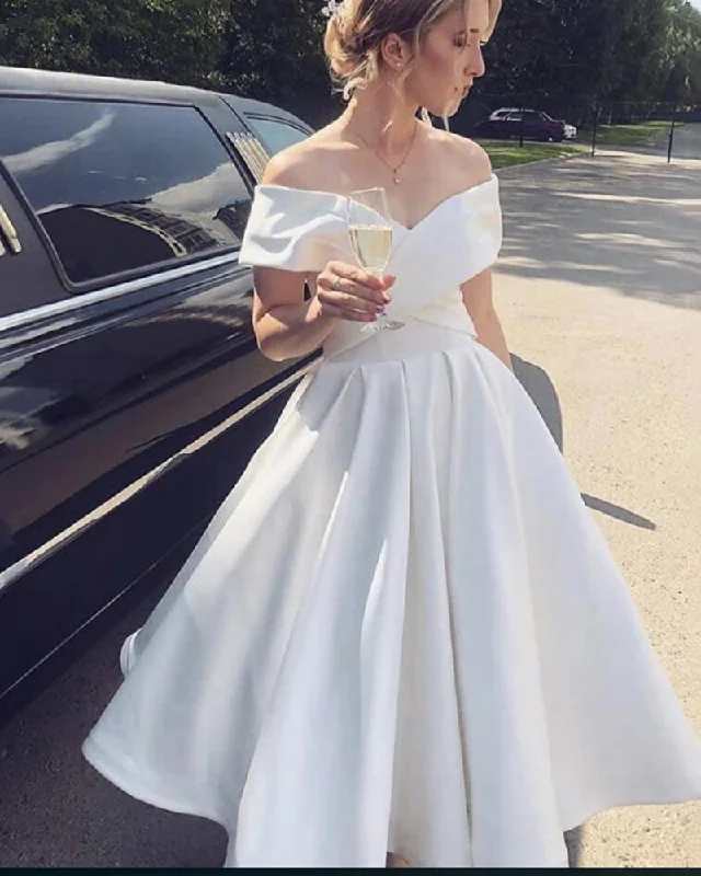 Mini dresses for womenSatin A Line Off the shoulder Ivory/White Short Wedding Gown Party Dress Knee Length SP0815