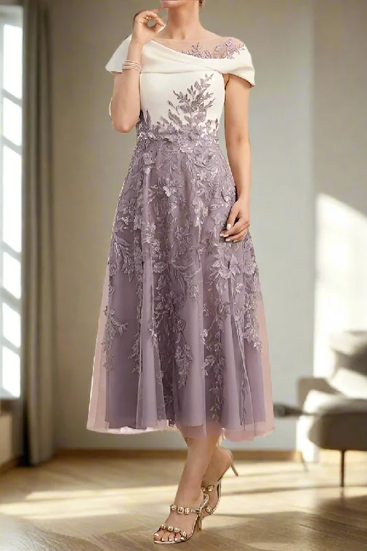 Cold-shoulder dresses for womenDelicate Illusion Neck Tea Length A-Line Mother of the Bride Dress