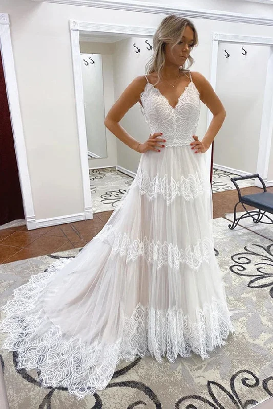 Loose-fitting dresses for womenRoycebridal Cheap A-line Spaghetti Straps Lace Bridal Gonws Rustic Wedding Dress,MW501