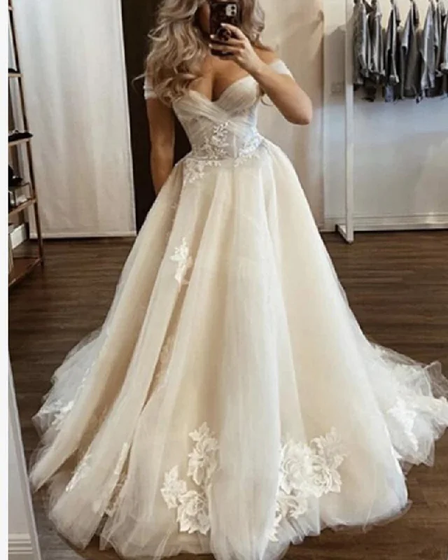 A-line dresses for womenBeige/Off White Color Off the Shoulder Lace and Tulle Wedding Party Dress Bridal Gown for Women PL0828