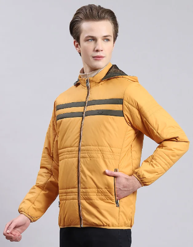men's lightweight bomber jacketsMen Mustard Solid Hooded Full Sleeve Jacket