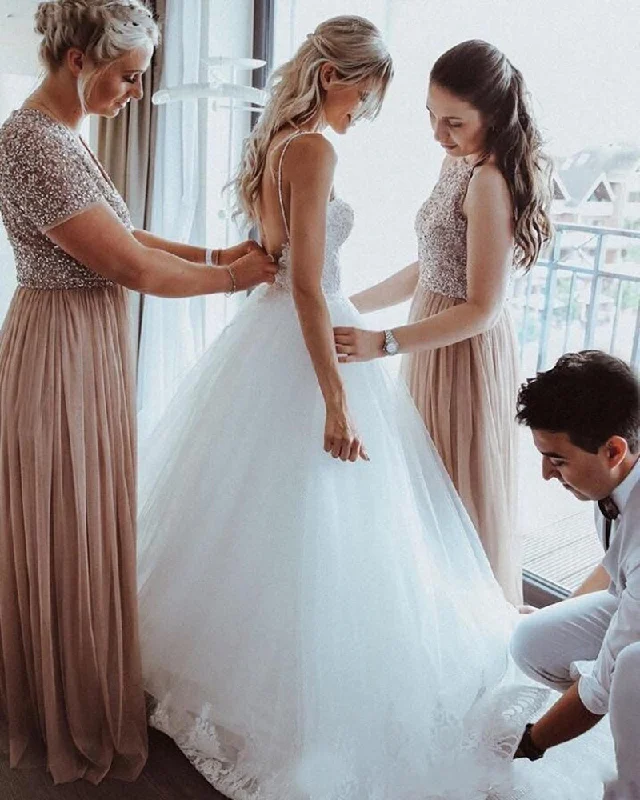 High-low hem dresses for womenBeach Wedding Dresses 2020 Backless Lace Appliques Pearls ,Spaghetti Straps A-Line Boho Bridal Gowns ,Robe De Mariee WD0831