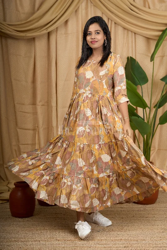 Lantern sleeve dresses for womenMustard Cotton Slub Flared Kurtha with Bold Floral Print and Flattering Silhouette for Women