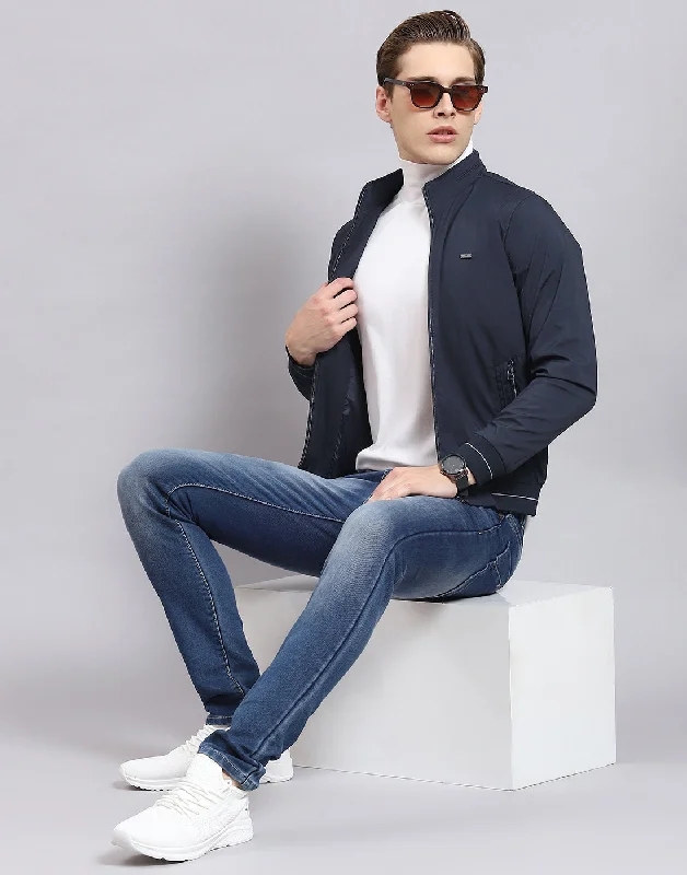 men's peacoats for a maritime vibeMen Navy Blue Printed Stand Collar Full Sleeve Jacket