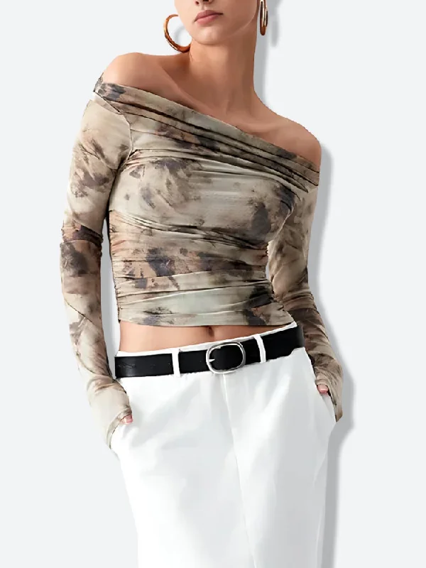 Luxury women's topsOff Shoulder Ruched Mesh Top