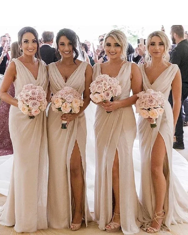 Sleeveless dresses for womenChiffon V Neck Beige Bridesmaid Dresses Long with Slit fitted wedding parry gown PL621