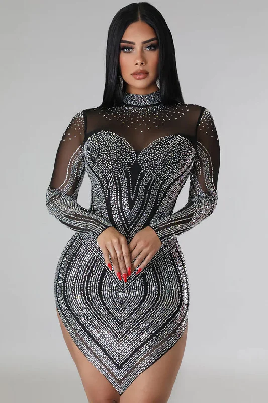 Maxi dresses for womenSparkly Rhinestone Mock Neck Long Sleeve Hanky Hem Party Mini Dress - Black