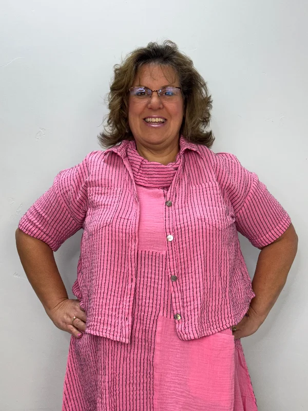 Designer women's topsBubble Gum Pink Button Down Top