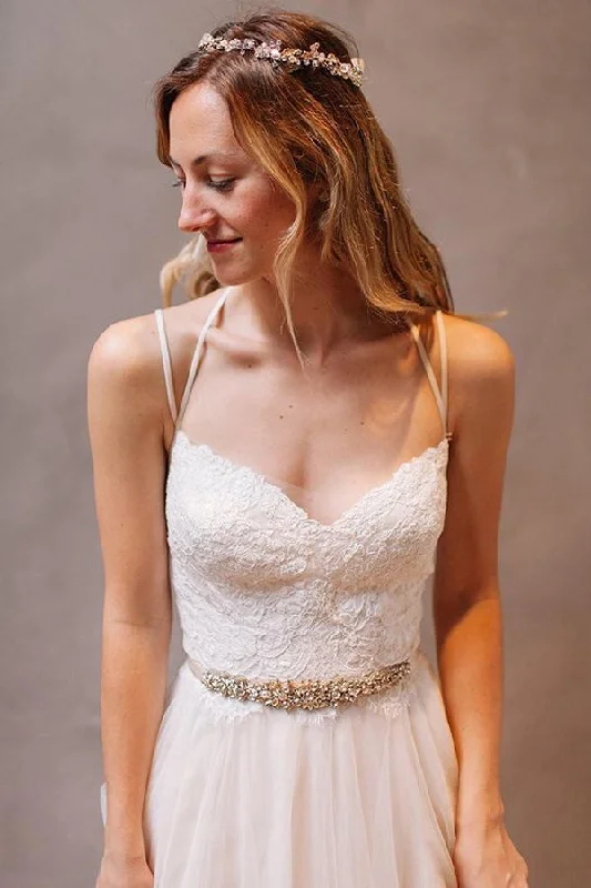 Elegant women's dressesRoycebridal Simple Spaghetti Straps A-Line Tulle Open Back Wedding Dresses online, MW253