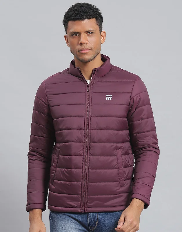 men's bomber jackets for urban fashionMen Maroon Solid Stand Collar Full Sleeve Jacket